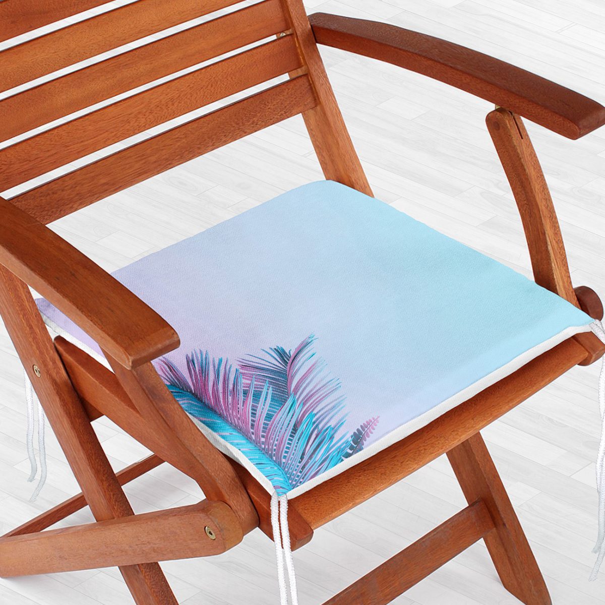 Toz Mavisi Zeminli Tropik Yapraklı Özel Tasarım Dijital Baskılı Fermuarlı Sandalye Minderi Realhomes