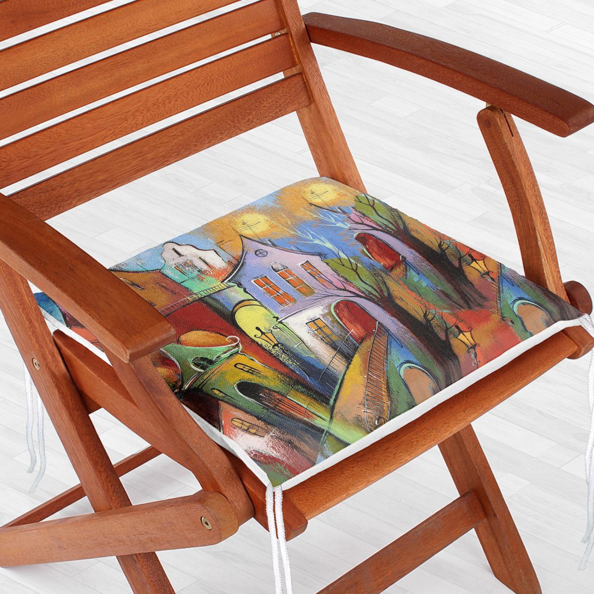 Renkli Sulu Boya Çizimli Gece Kondu Evleri Motifli Dekoratif Fermuarlı Sandalye Minderi Realhomes