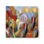 Renkli Sulu Boya Çizimli Gece Kondu Evleri Motifli Dekoratif Fermuarlı Sandalye Minderi Realhomes