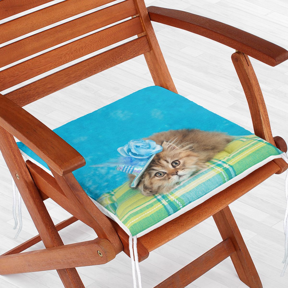 Mavi Şapkalı Kedi Desenli Modern Fermuarlı Sandalye Minderi Realhomes