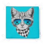 Mavi Zeminde Gözlüklü Cool Kedi Motifli Fermuarlı Sandalye Minderi Realhomes