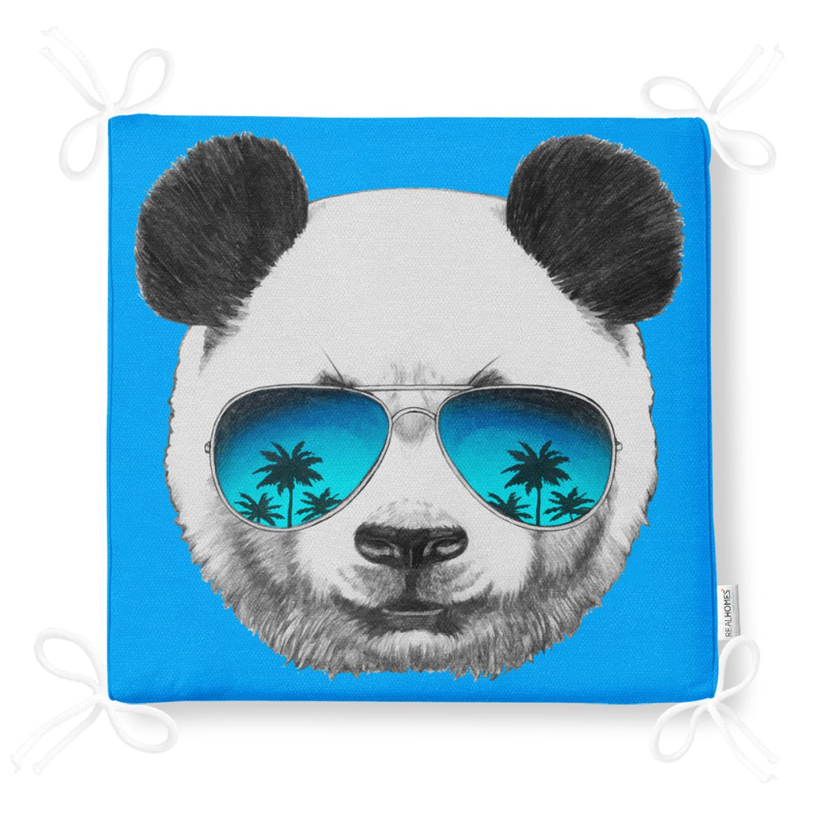 Mavi Zeminde Gözlüklü Cool Panda Motifli Dekoratif Fermuarlı Sandalye Minderi Realhomes