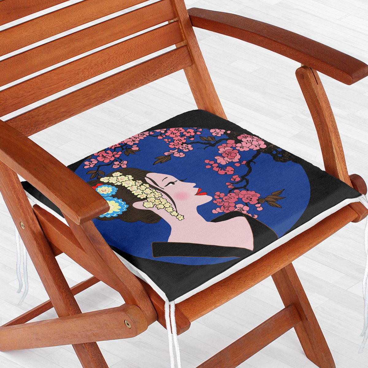 Çiçek Motifli Japon Kız Desenli Dekoratif Fermuarlı Sandalye Minderi Realhomes