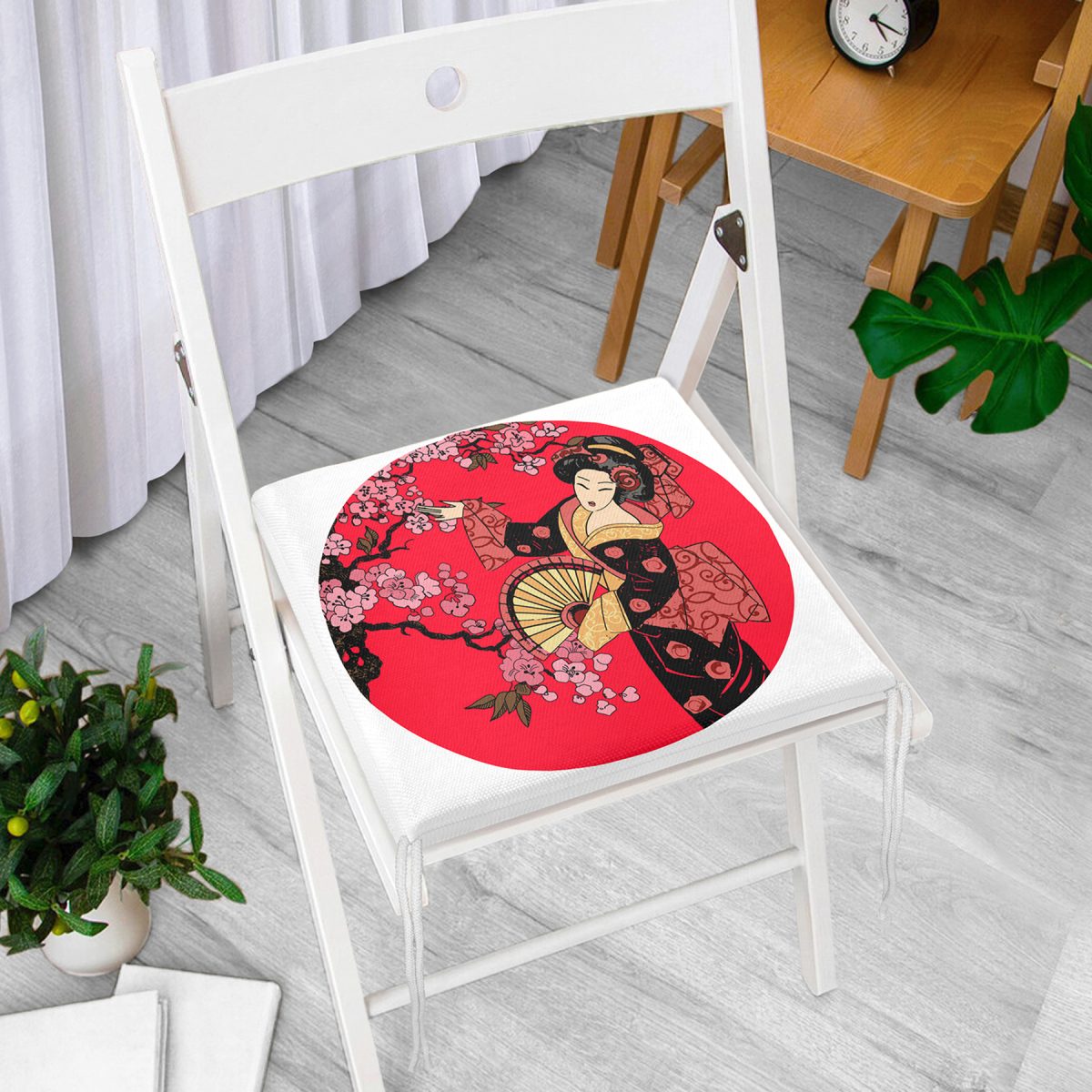 Çiçek Desenli Yelpazeli Japon Kız Motifli Modern Fermuarlı Sandalye Minderi Realhomes