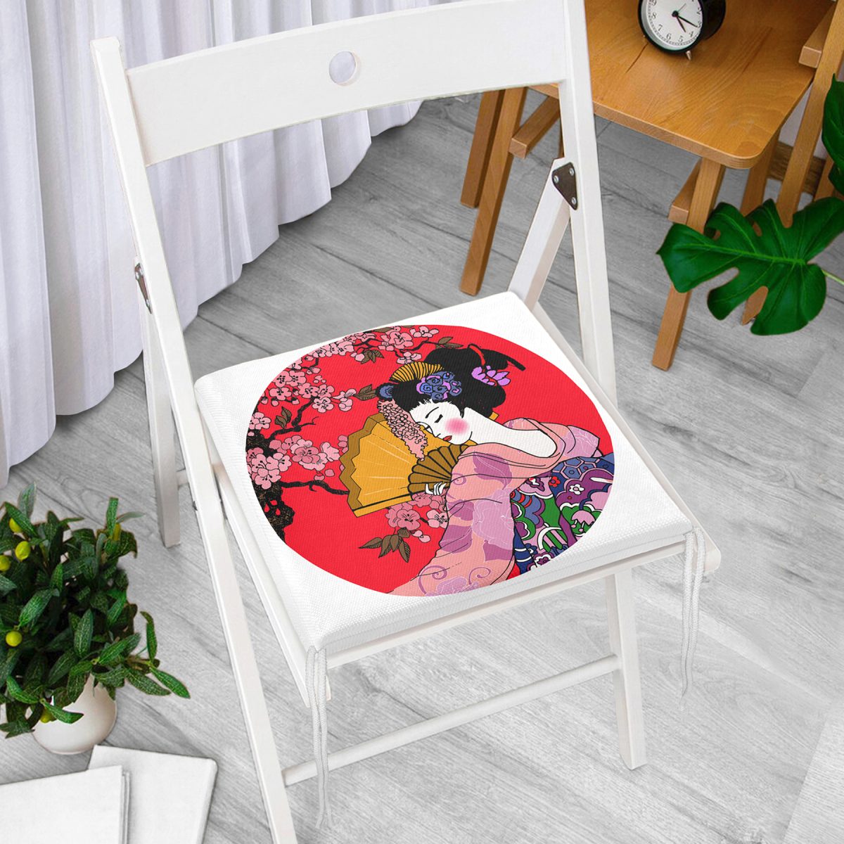 Çiçek Desenli Yelpazeli Japon Kız Motifli Modern Fermuarlı Sandalye Minderi Realhomes
