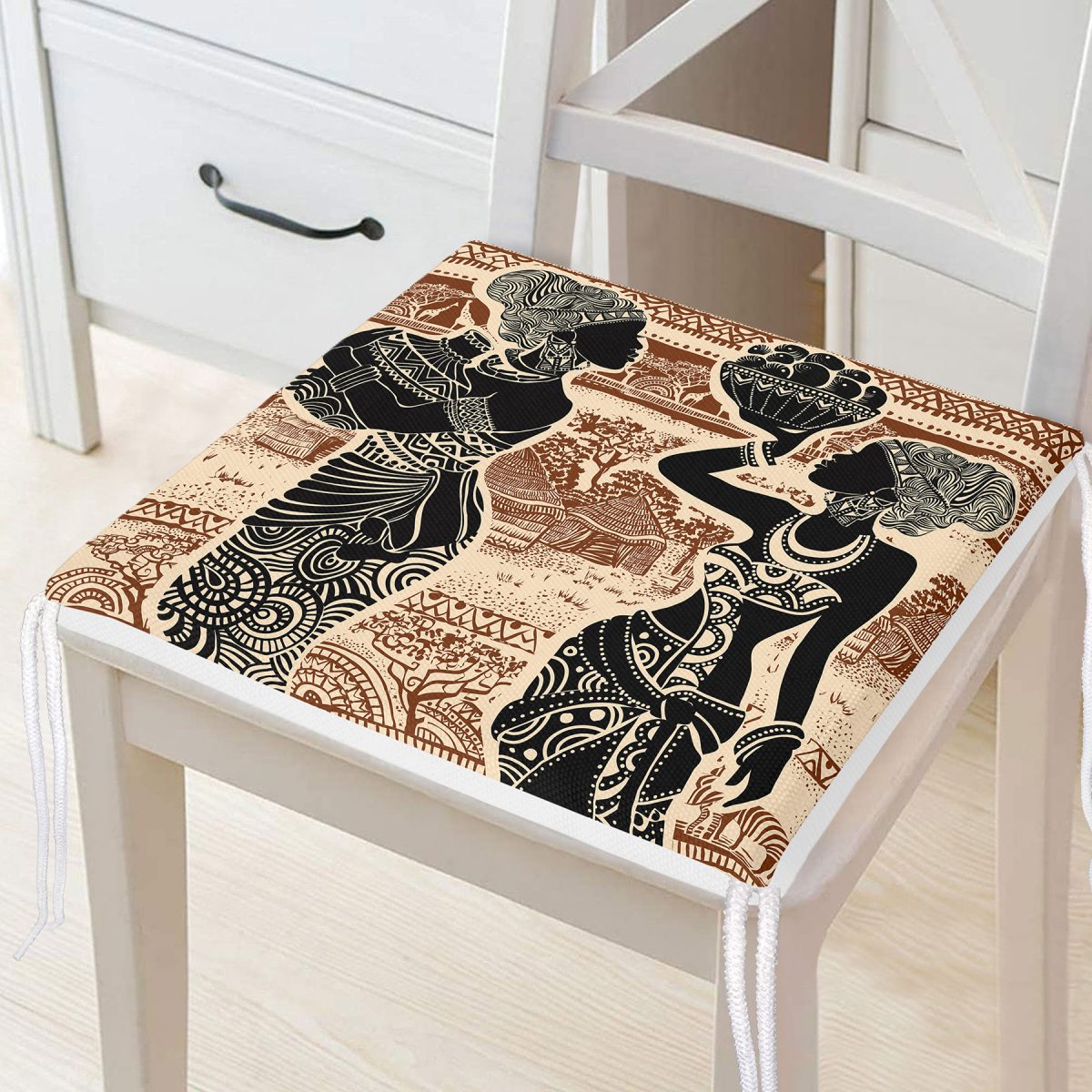 Etnik Desen Zeminli Afrika Kadın Motifli Dekoratif Fermuarlı Sandalye Minderi Realhomes