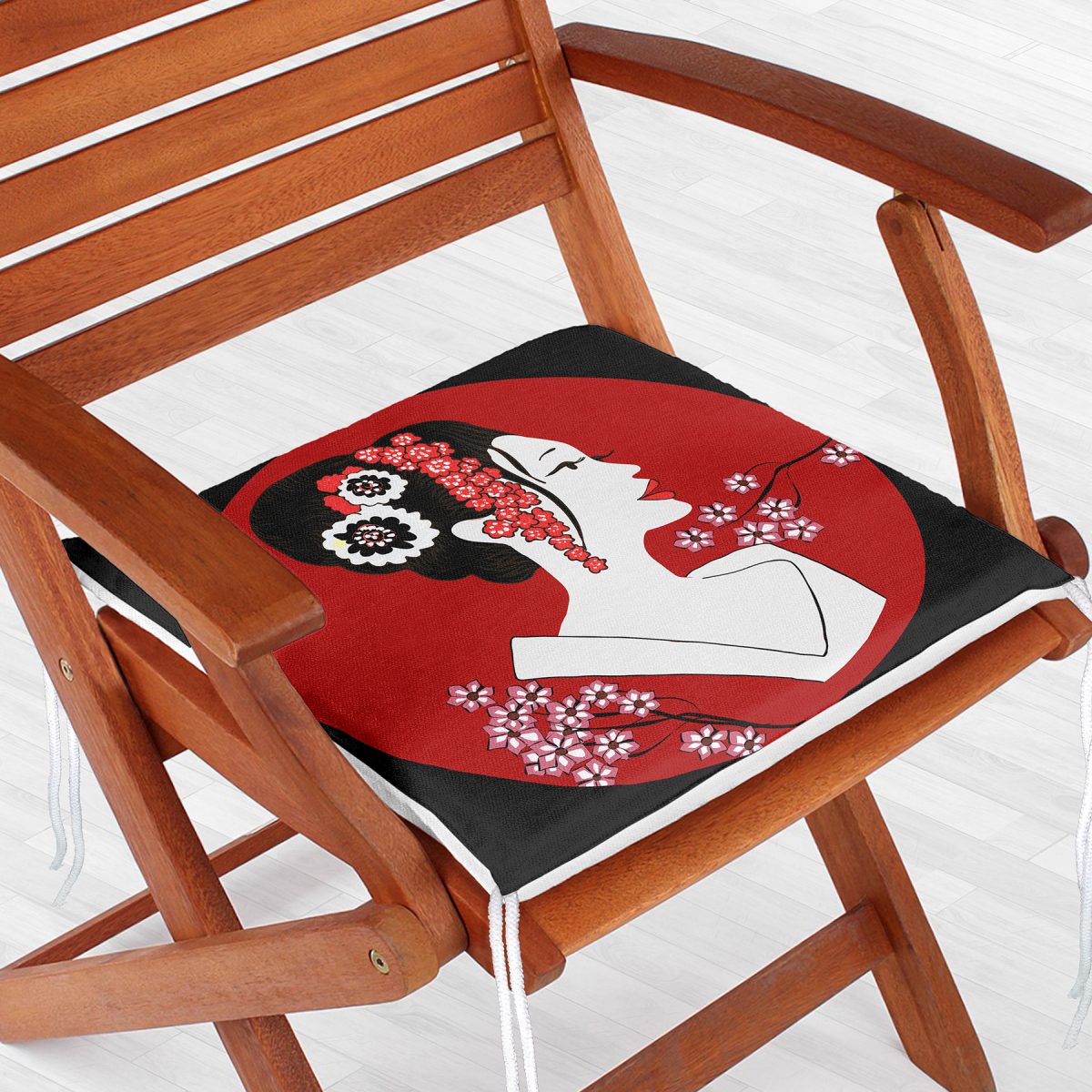 Siyah ve Kırmızı Zeminli Japon Kız Modern Fermuarlı Sandalye Minderi Realhomes