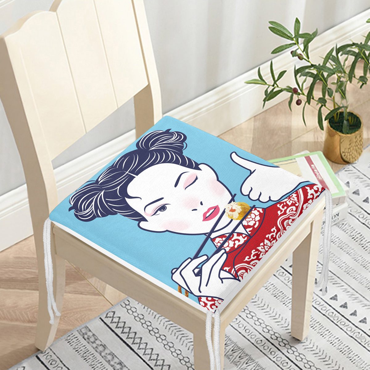 Suşi Yiyen Japon Kız Desenli Modern Fermuarlı Sandalye Minderi Realhomes