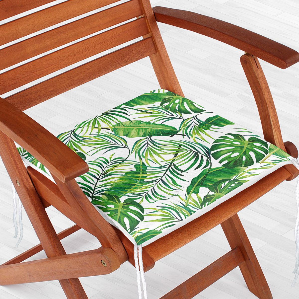 Beyaz Zeminde Yeşil Yapraklar Tasarımlı Modern Fermuarlı Sandalye Minderi Realhomes