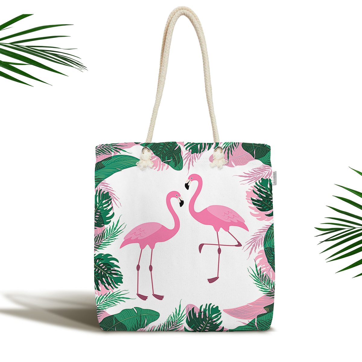 Tropik Yaprak Flamingo Özel Tasarımlı Dijital Baskılı Fermuarlı Kumaş Plaj Çantası Realhomes