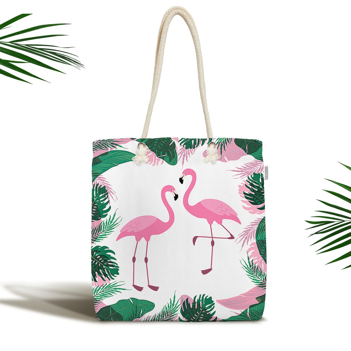 Tropik Yaprak Flamingo Özel Tasarımlı Dijital Baskılı Fermuarlı Kumaş Plaj Çantası Realhomes