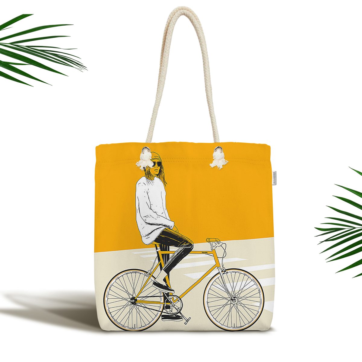 Sarı Krem Zemin Bisikletli Adam Motifli Fermuarlı Kumaş Omuz Çantası Realhomes