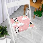 - Print - Realhomes Pembe Zeminde Bulutlar Ve Panda Dijital Baskılı Özel Tasarım Modern Fermuarlı Sandalye Minderi Realhomes