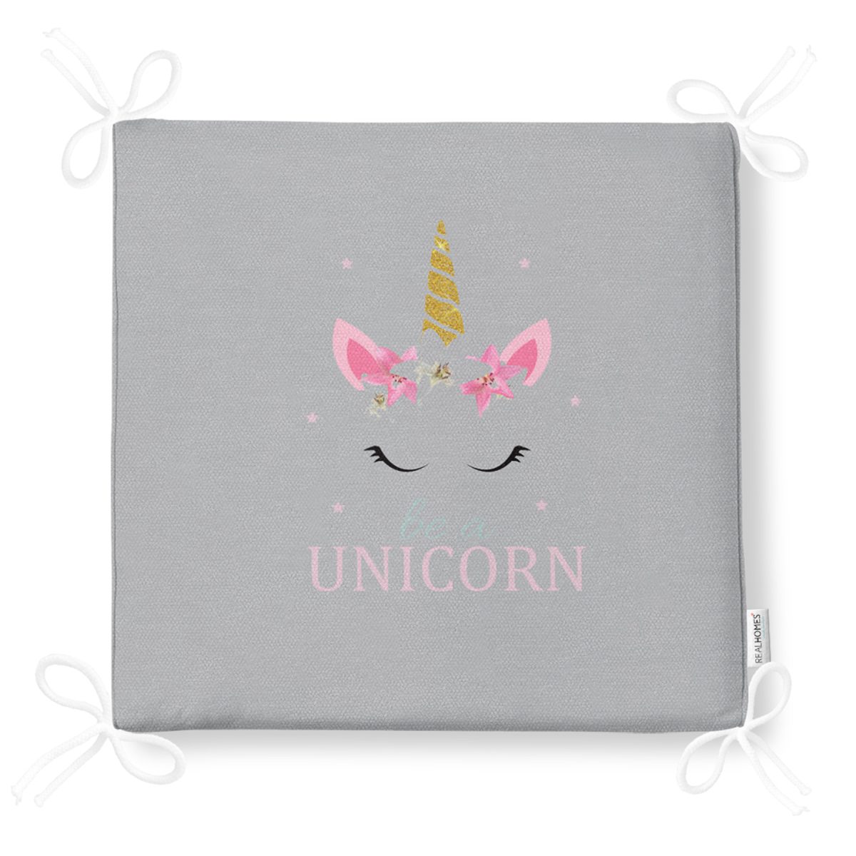 Gri Zeminde Unicorn Desenli Modern Fermuarlı Sandalye Minderi Realhomes