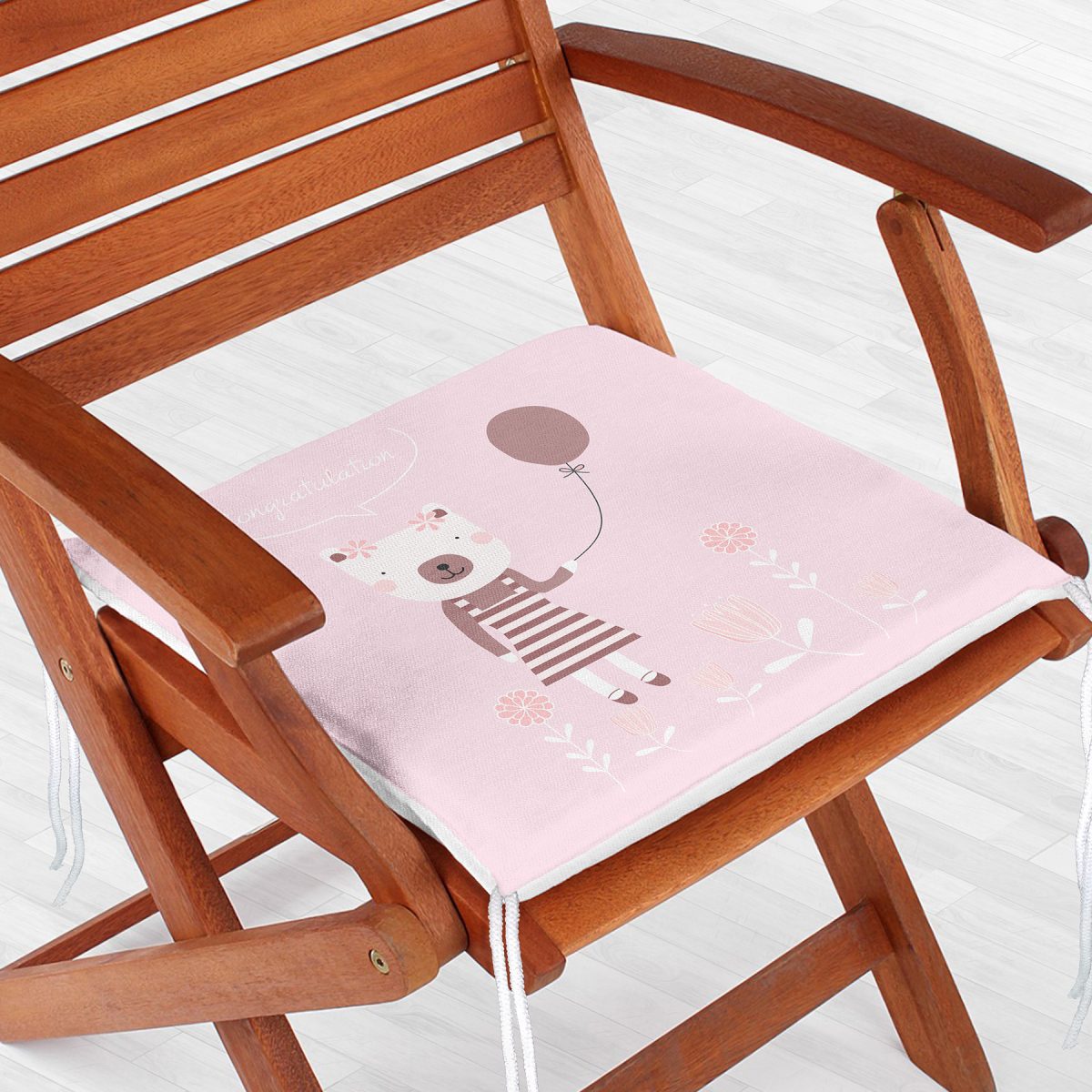Pembe Zeminde Balon ve Ayıcık Desenli Bebek Odası Fermuarlı Sandalye Minderi Realhomes