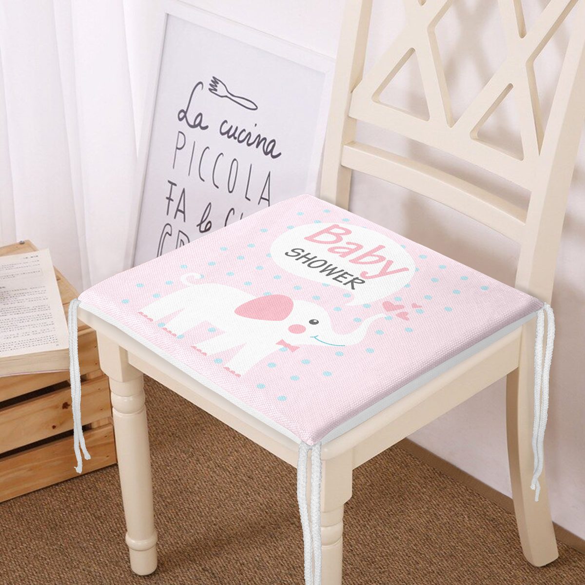 Pembe Zeminli Baby Shower Temalı Özel Tasarımlı Dijital Baskılı Çocuk Odası Fermuarlı Sandalye Minderi Realhomes