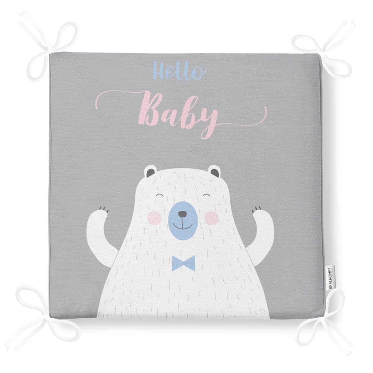 Gri Zemin Hello Baby Yazılı Ayıcık Desenli Dijital Baskılı Modern Fermuarlı Sandalye Minderi Realhomes