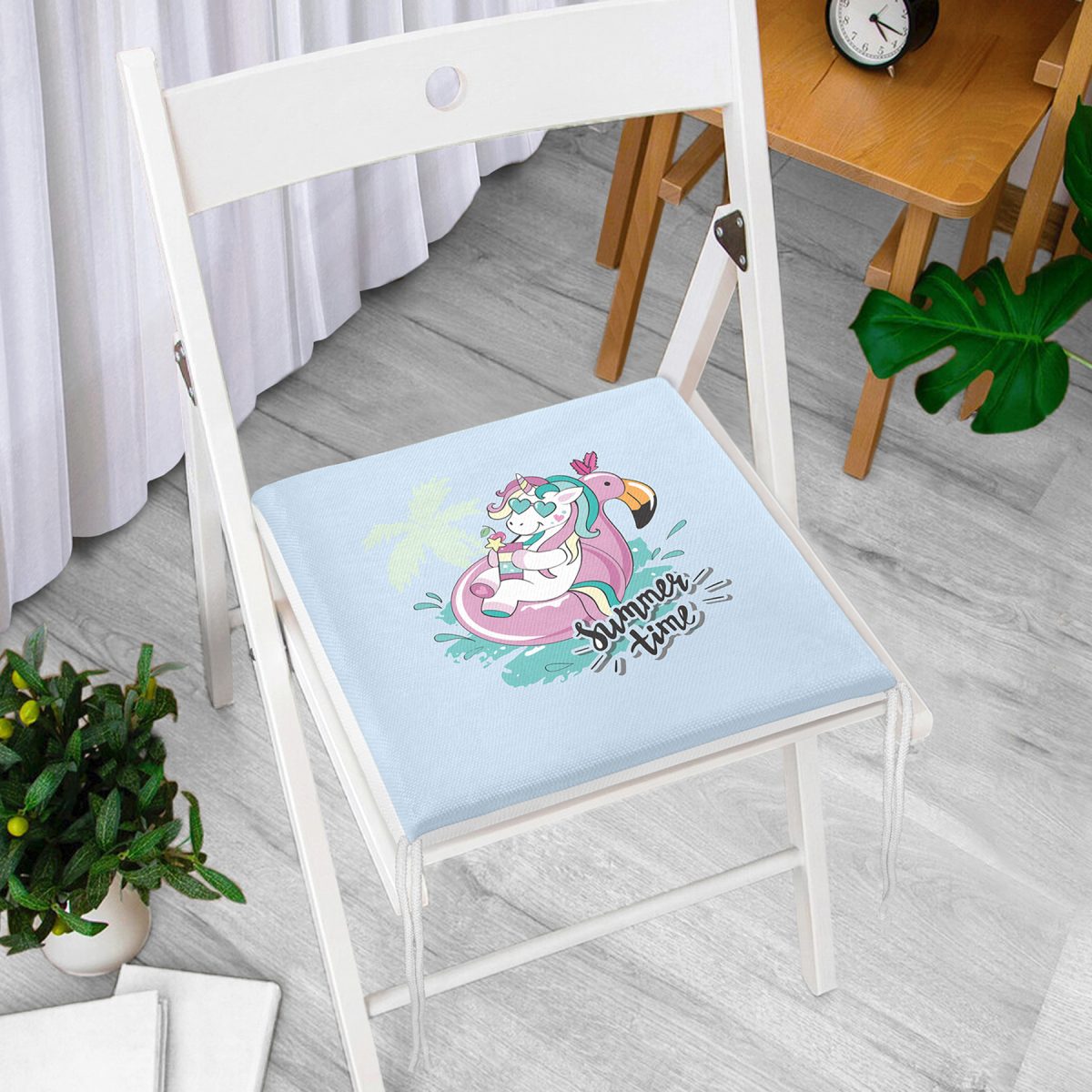 Mavi Zemin Tatil Temalı Unicorn Desenli Dijital Baskılı Modern Fermuarlı Sandalye Minderi Realhomes