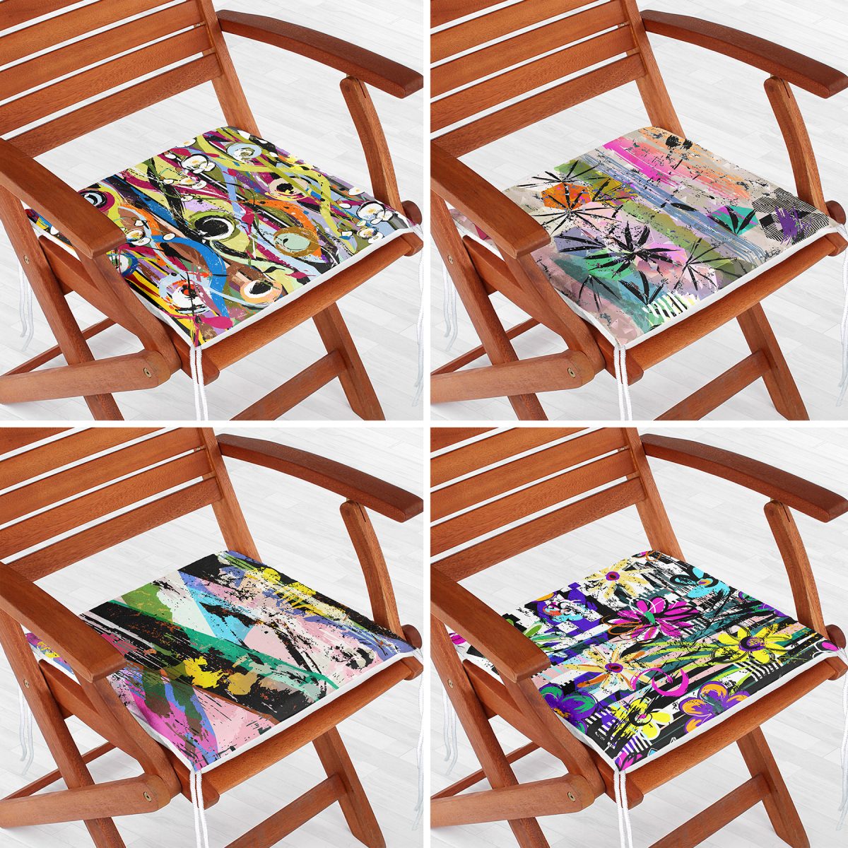 4'lü Sulu Boya Fırça Darbeli Geometrik Desenli Fermuarlı Sandalye Minderi Seti Realhomes