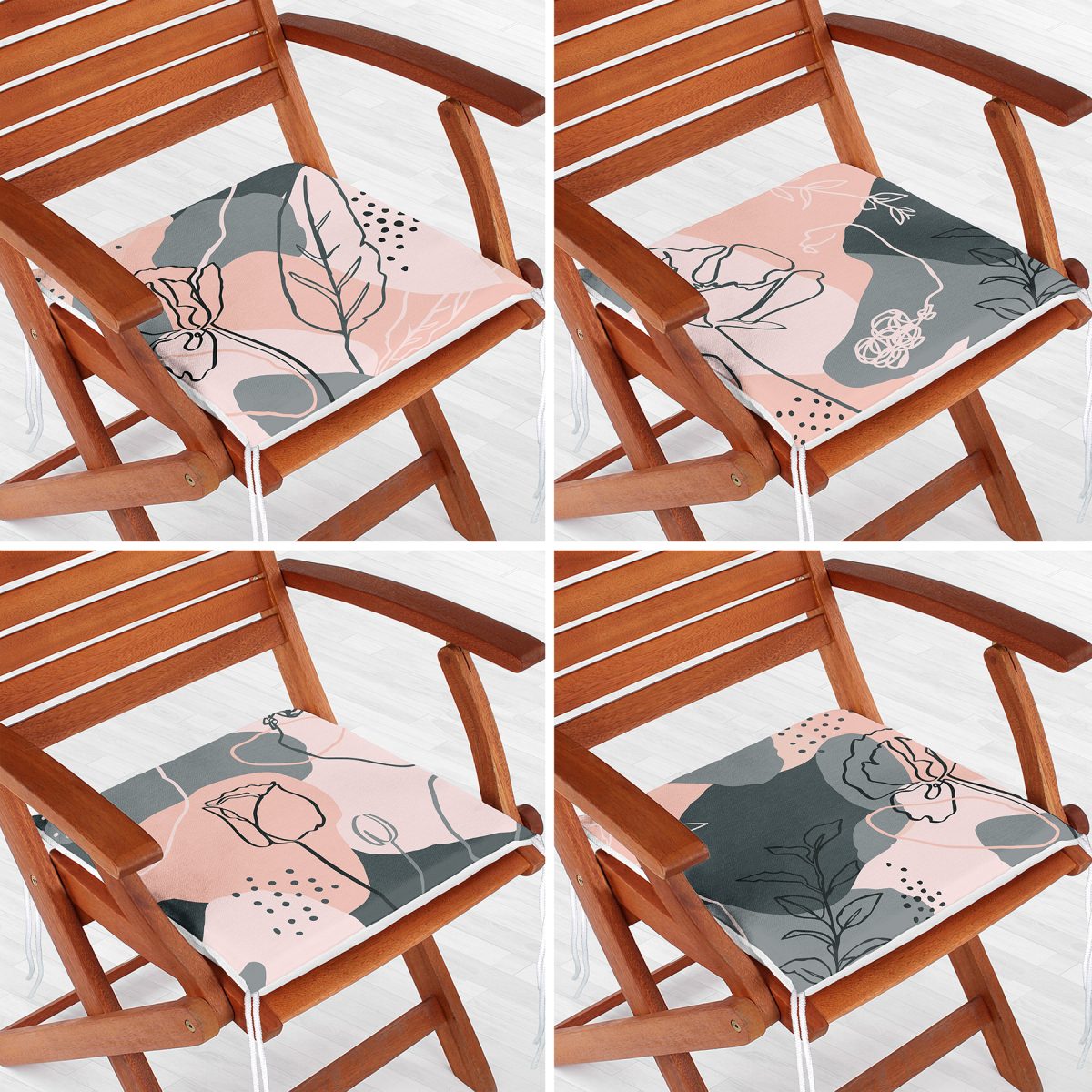 4'lü Pembe Zeminde Gül Ve Yaprak Desenli Fermuarlı Sandalye Minderi Seti Realhomes