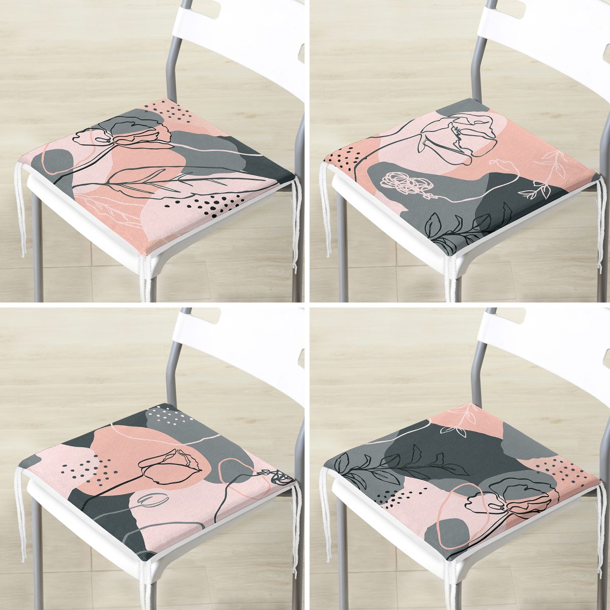 4'lü Pembe Zeminde Gül Ve Yaprak Desenli Fermuarlı Sandalye Minderi Seti Realhomes