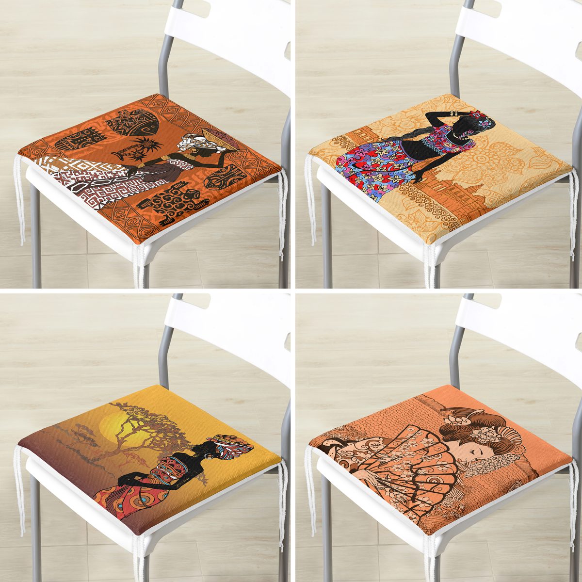 4'lü Etnik Afrika Women Desenli Fermuarlı Sandalye Minderi Seti Realhomes
