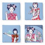 - RealHomes Fermuarlı Sandalye Minderi - Realhomes  4'lü Mavi Zemin Üzerimde Japon Kız Motifli Fermuarlı Sandalye Minderi Seti Realhomes