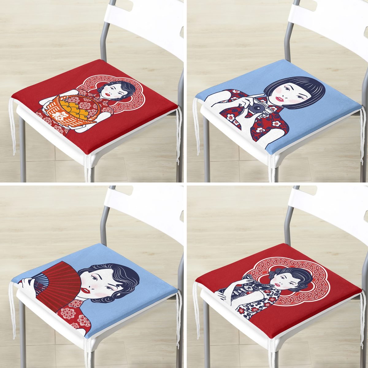 4'lü Kırmızı Ve Mavi Japon Kız Tasarımlı Dekoratif Fermuarlı Sandalye Minderi Seti Realhomes