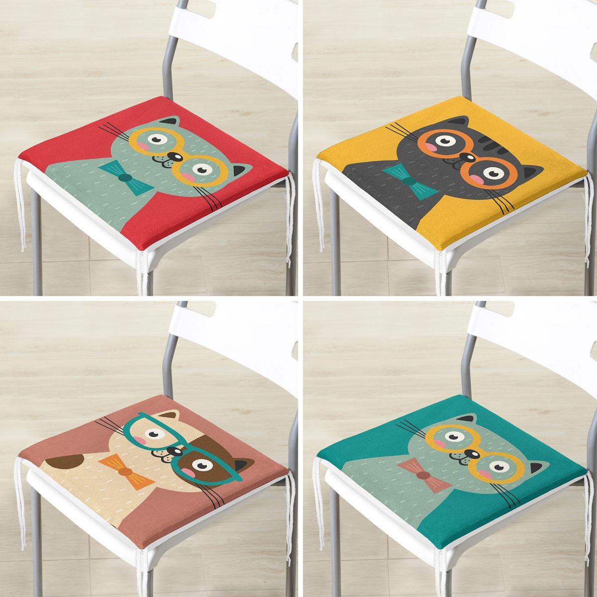 4'lü Renkli Sevimli Kedicik Baskılı Fermuarlı Sandalye Minderi Seti Realhomes