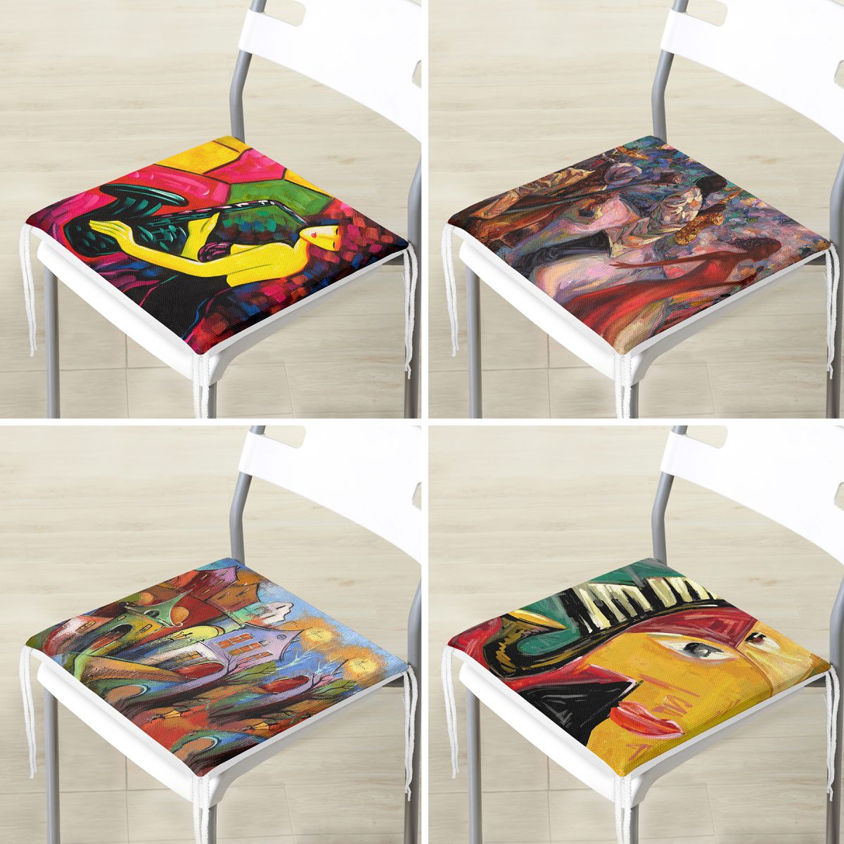 4'lü Soyut Sulu Boya Çalışması Tasarımlı Fermuarlı Sandalye Minderi Seti Realhomes