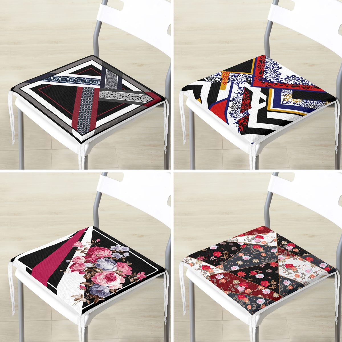 4'lü Geometrik Tasarımlı Çiçek Motifli Fermuarlı Sandalye Minderi Seti Realhomes