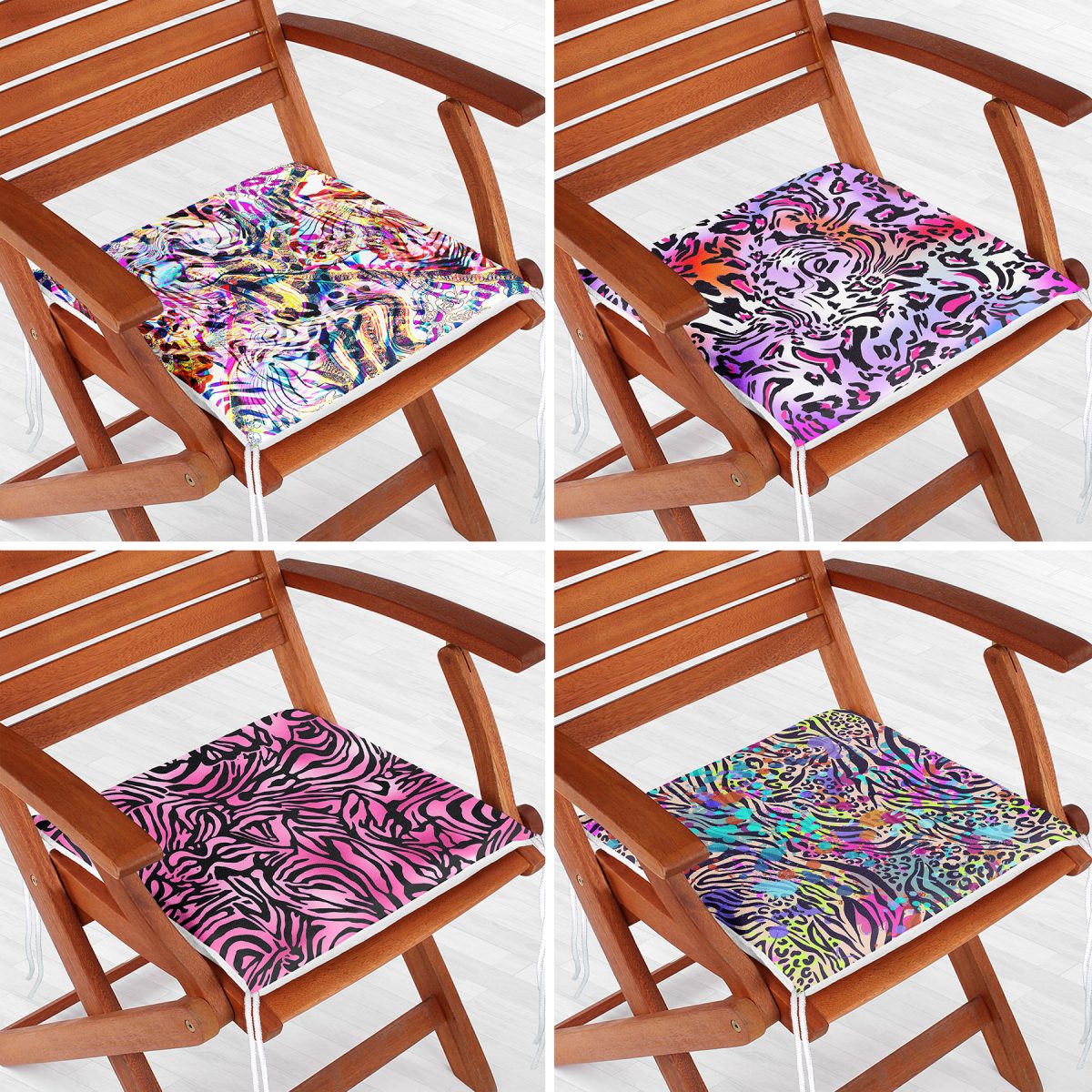4'lü Renkli Leopar Desenli Fermuarlı Sandalye Minderi Seti Realhomes