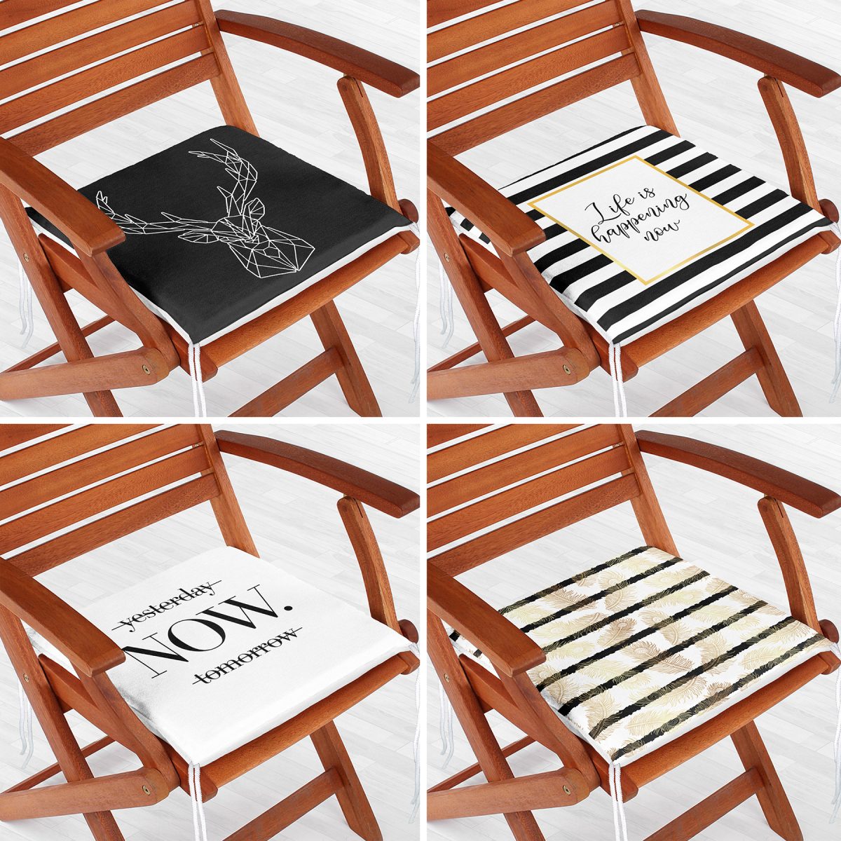 4'lü Gold Yazılı Siyah Beyaz Zeminli Fermuarlı Sandalye Minderi Seti Realhomes