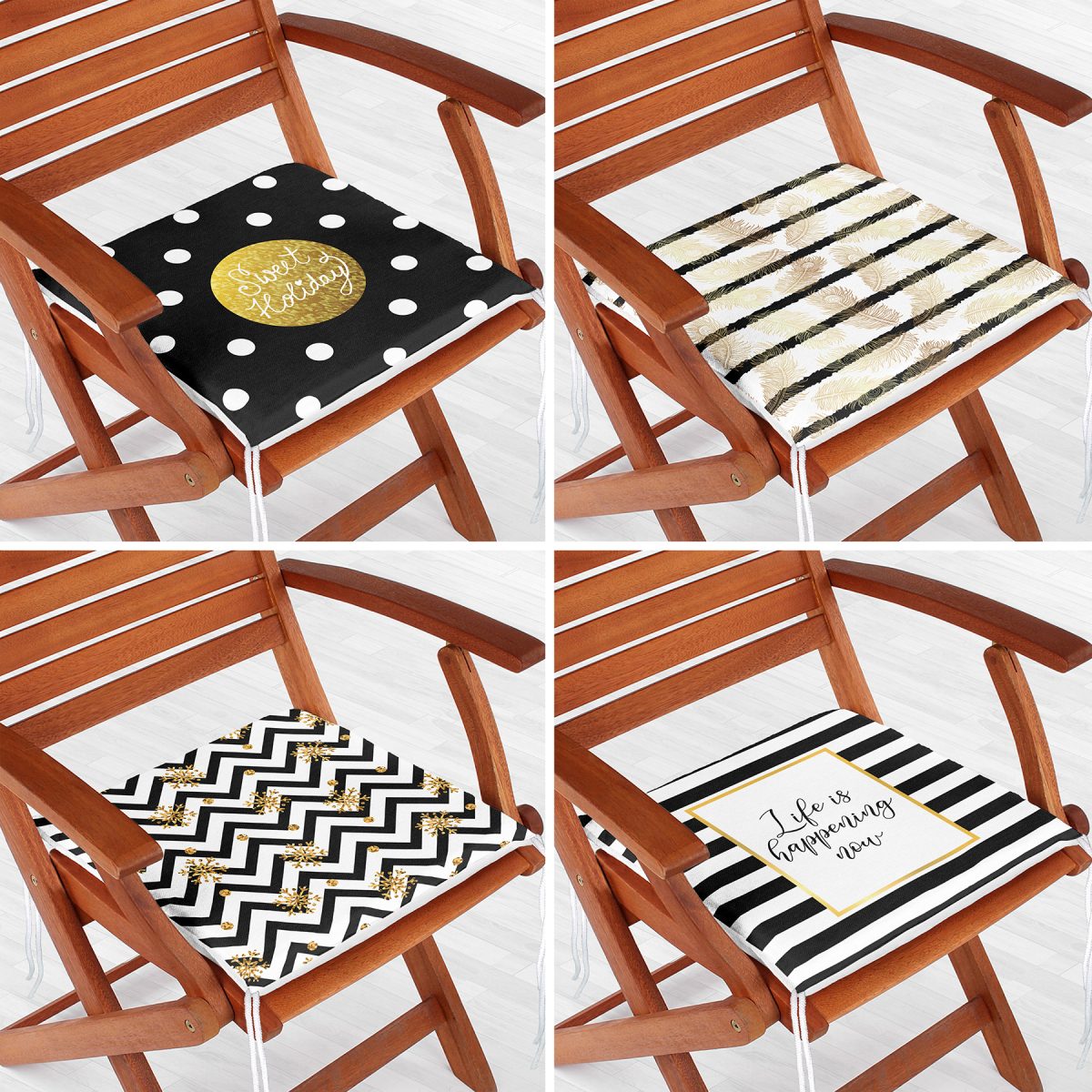 4'lü Gold Yazılı Geometrik Desenli Fermuarlı Sandalye Minderi Seti Realhomes