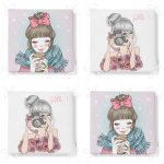 4'lü Kahve İçen ve Fotoğraf Çeken Kız Fermuarlı Sandalye Minderi Seti Realhomes