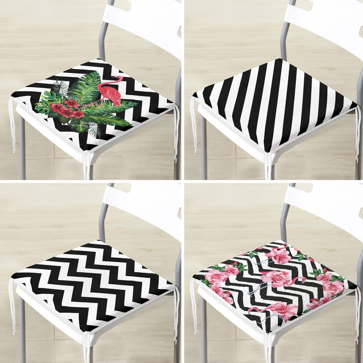 4'lü Flamingo ve Siyah Beyaz Geometrik Desenli Fermuarlı Sandalye Minderi Seti Realhomes