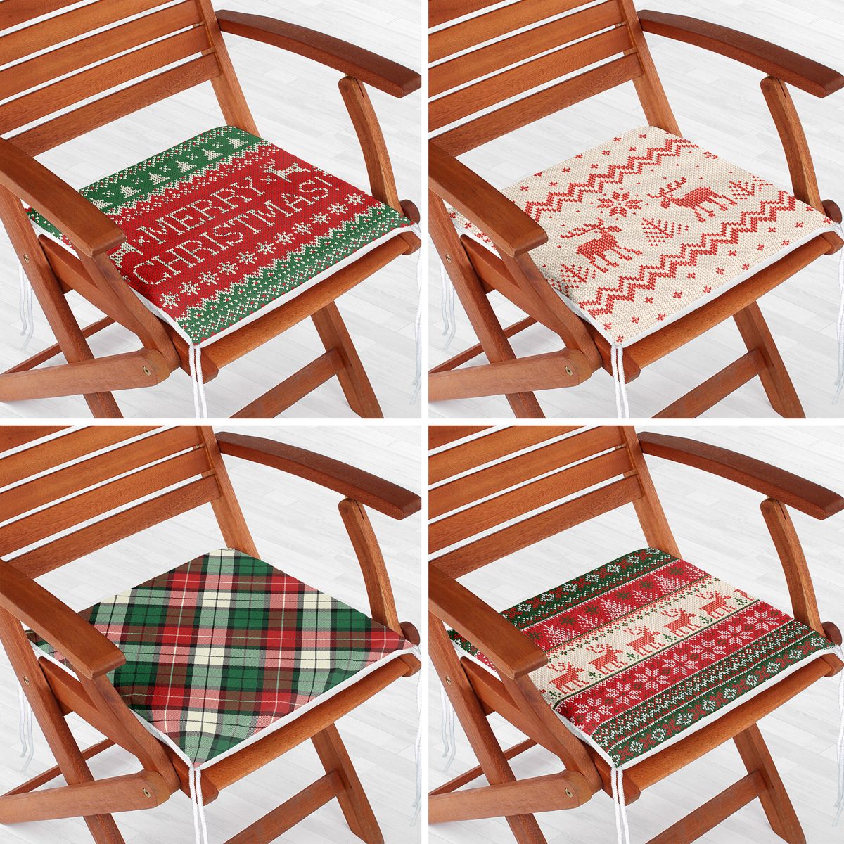 4'lü Kırmızı Yeşil Renk Tonlarında Geyik ve Ekose Temalı Fermuarlı Sandalye Minderi Seti Realhomes