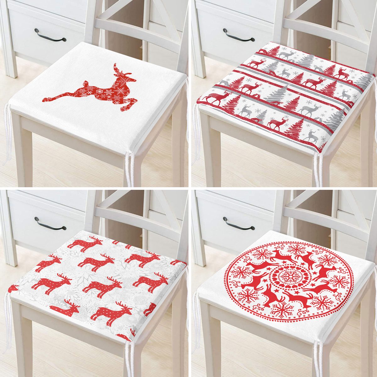 4'lü Kırmızı Beyaz Yılbaşı Geyikleri Fermuarlı Sandalye Minderi Seti Realhomes