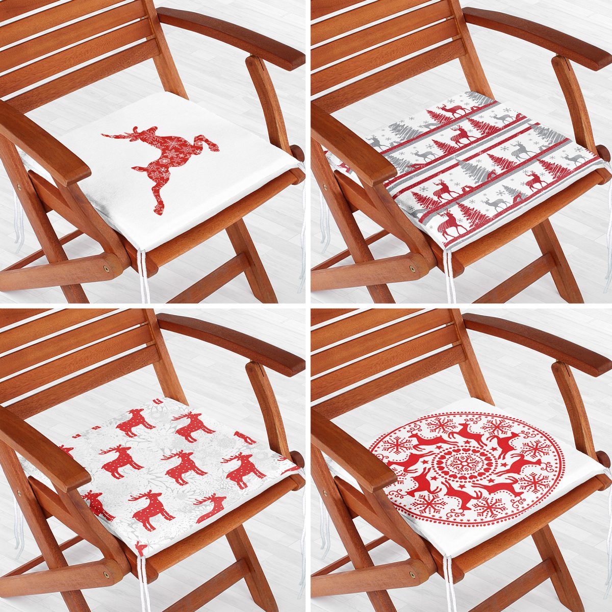 4'lü Kırmızı Beyaz Yılbaşı Geyikleri Fermuarlı Sandalye Minderi Seti Realhomes