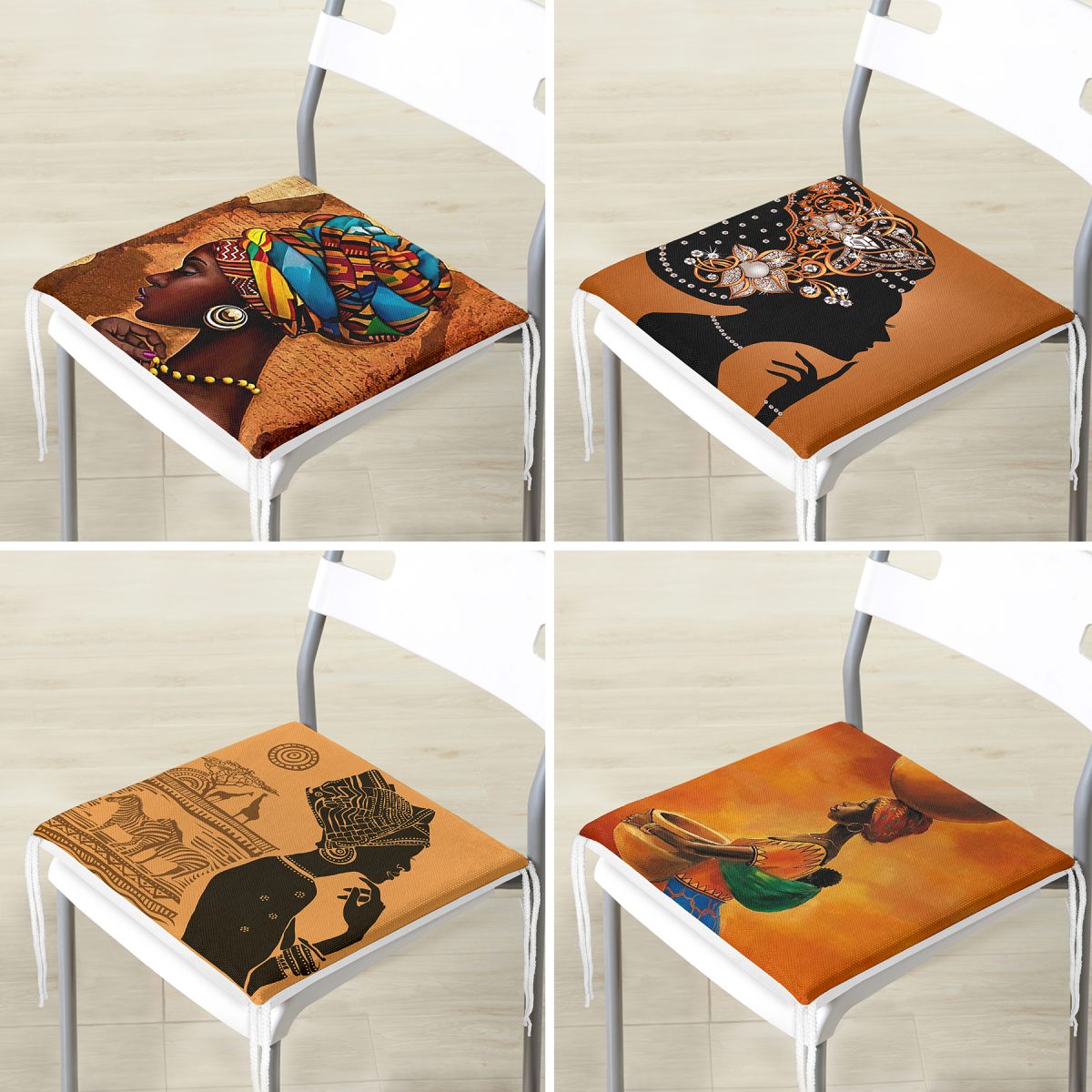 4'lü Afrika Bayan Temalı Modern Dekoratif Fermuarlı Sandalye Minderi Seti Realhomes
