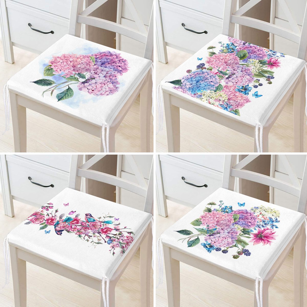 4'lü Ortanca Çiçeği Motifli Modern Fermuarlı Sandalye Minderi Seti Realhomes