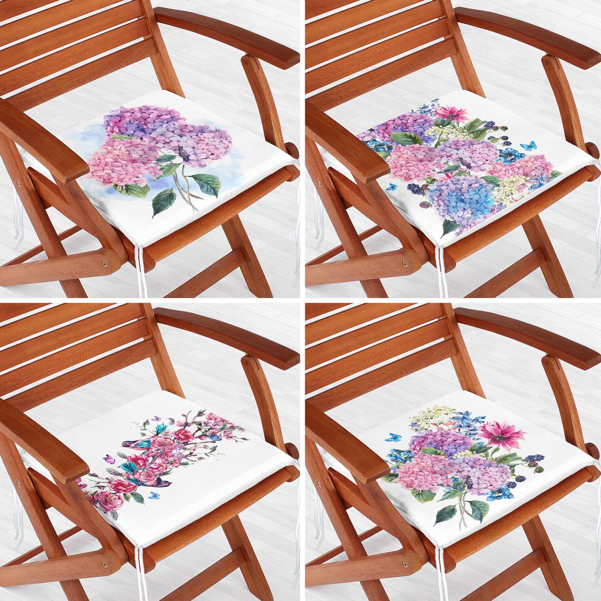 4'lü Ortanca Çiçeği Motifli Modern Fermuarlı Sandalye Minderi Seti Realhomes