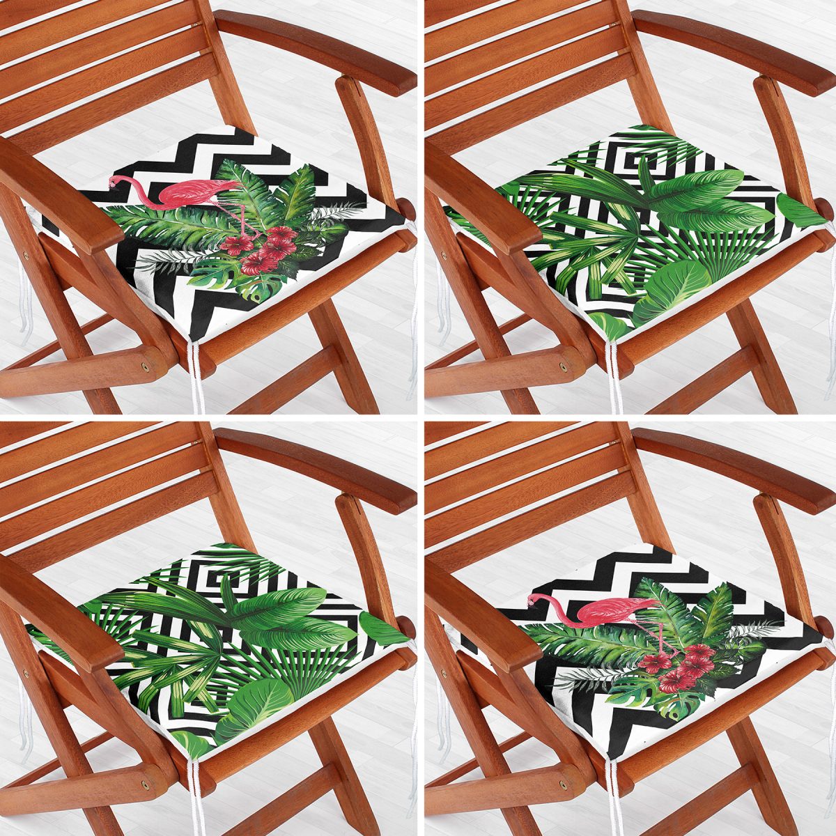 4'lü Geometrik Çizgiler Üzerinde Tropikal Yaprak ve Flamingo Fermuarlı Sandalye Minderi Seti Realhomes