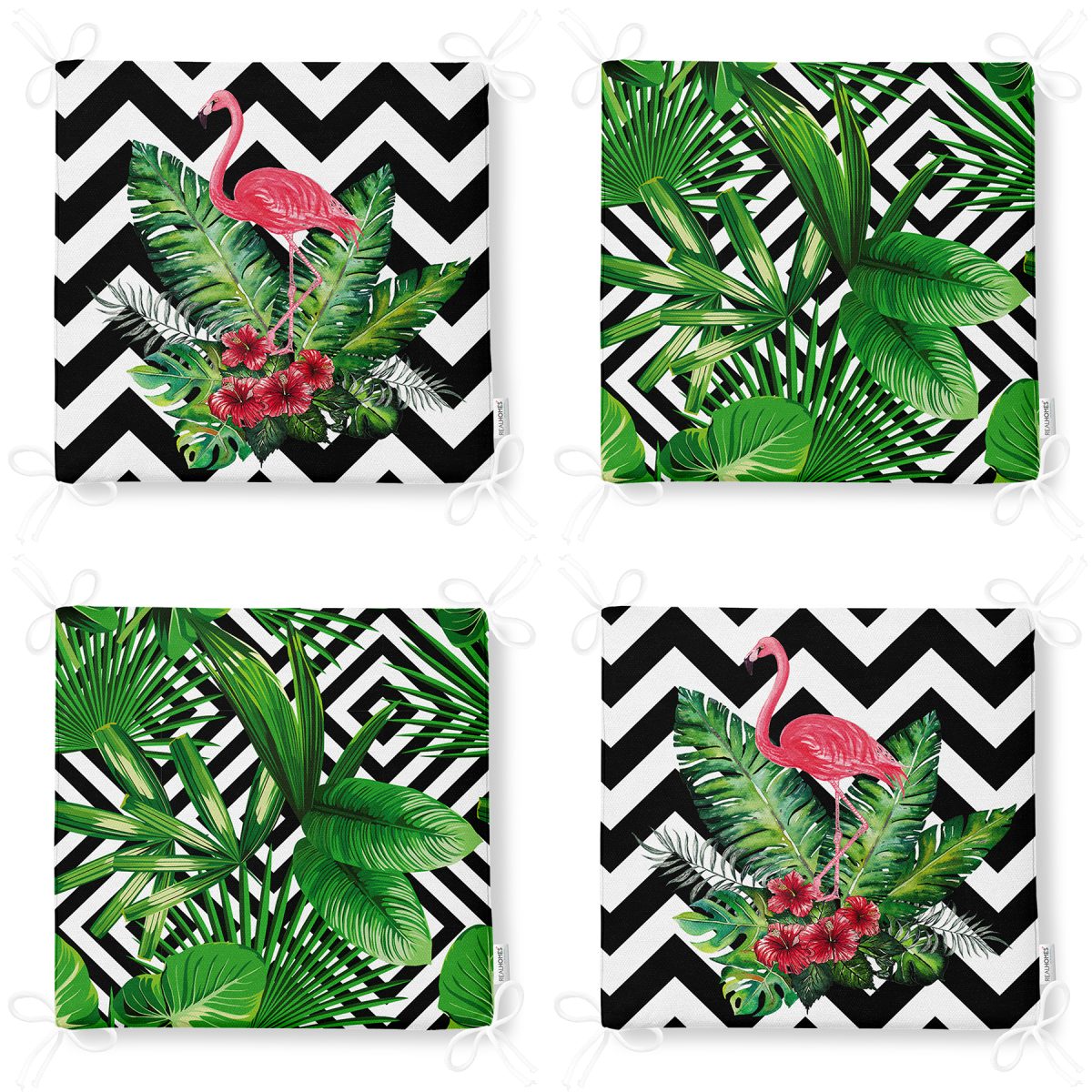 4'lü Geometrik Çizgiler Üzerinde Tropikal Yaprak ve Flamingo Fermuarlı Sandalye Minderi Seti Realhomes