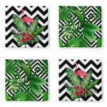 4'lü Geometrik Çizgiler Üzerinde Tropikal Yaprak ve Flamingo Fermuarlı Sandalye Minderi Seti Realhomes