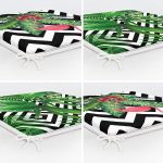 4'lü Geometrik Çizgiler Üzerinde Tropikal Yaprak ve Flamingo Fermuarlı Sandalye Minderi Seti Realhomes