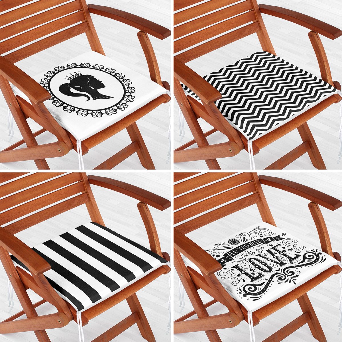 4'lü Siyah Beyaz Renkli Dekoratif Fermuarlı Sandalye Minderi Seti Realhomes