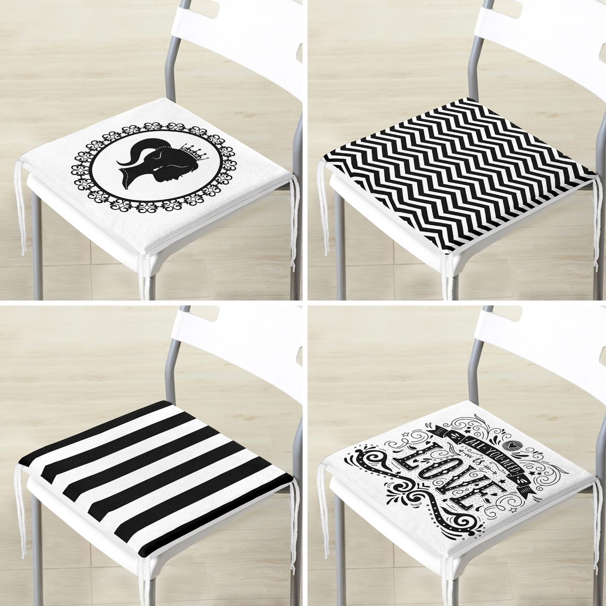 4'lü Siyah Beyaz Renkli Dekoratif Fermuarlı Sandalye Minderi Seti Realhomes