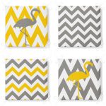 4'lü Sarı Gri Zigzaglı Flamingo Desenli Fermuarlı Sandalye Minderi Seti Realhomes