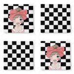 4'lü Siyah Beyaz Damalı Kız Motifli Fermuarlı Sandalye Minderi Seti Realhomes